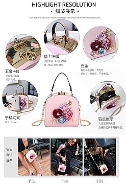 3D Flower & Pearl Design Metal Frame Satchel