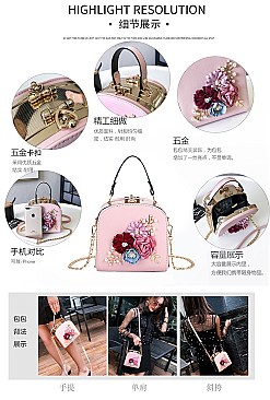 3D Flower & Pearl Design Metal Frame Satchel