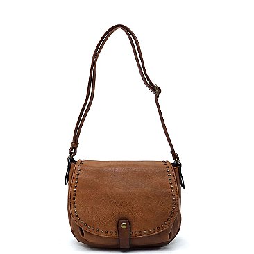 Vintage Studded Flap Saddle Crossbody Bag