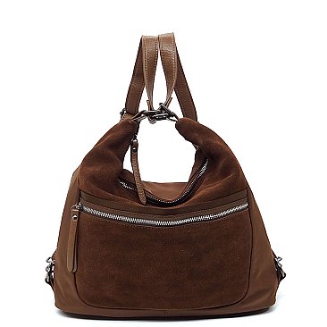 Real Suede Microfiber Convertible Shoulder Bag Backpack