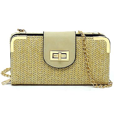 ELEGANT MODERN Straw Turn Lock Crossbody Wallet