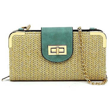 ELEGANT MODERN Straw Turn Lock Crossbody Wallet