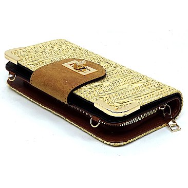 ELEGANT MODERN Straw Turn Lock Crossbody Wallet