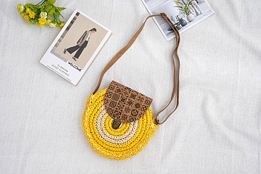 Circled Pattern Straw Round Crossbody Bag