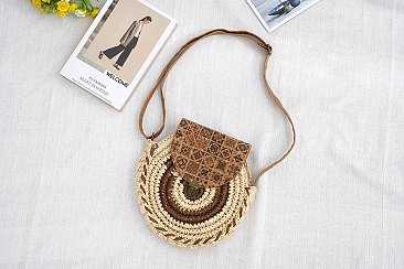 Circled Pattern Straw Round Crossbody Bag