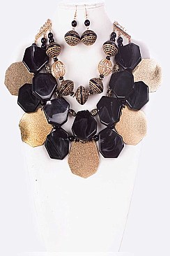 Mixed Metal Plates Wooden Beads Statement Necklace Set