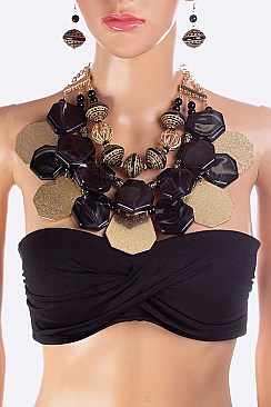 Mixed Metal Plates Wooden Beads Statement Necklace Set