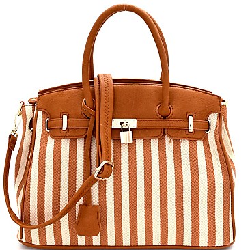 21848-LP Pinstripe Print Canvas Padlock Accent Oversized Satchel