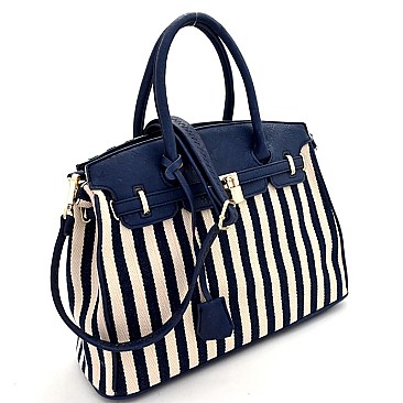 21848-LP Pinstripe Print Canvas Padlock Accent Oversized Satchel