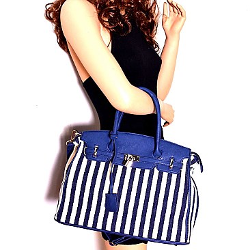 21848-LP Pinstripe Print Canvas Padlock Accent Oversized Satchel