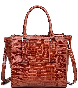 CROC TEXTURED SATCHEL WITH LONG STRAP