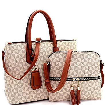 Mid-Zip Tassel Monogram 2Pc Satchel Crossbody SET