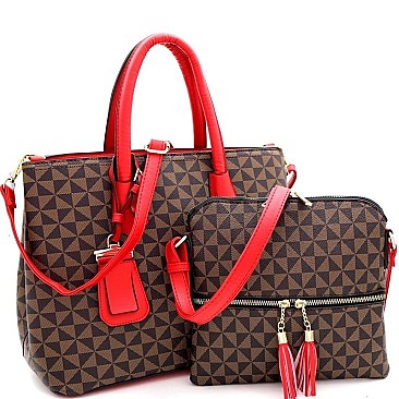 Mid-Zip Tassel Monogram 2Pc Satchel Crossbody SET