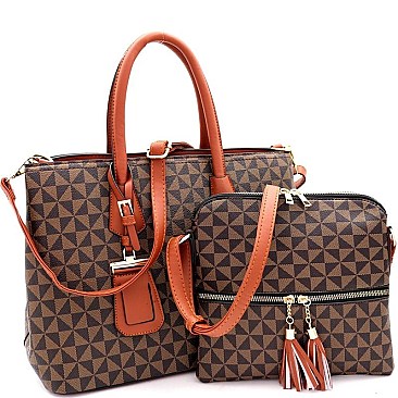 Mid-Zip Tassel Monogram 2Pc Satchel Crossbody SET