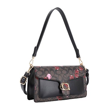 Oval Chery Print Monogram Emblem Flap Satchel