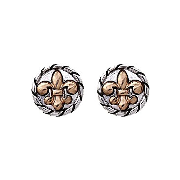 Trendy Tone Metal Circle With Fluer De Lis Stud Earrings SL24650