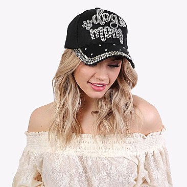 CUTE DOG MOM WITH DOG PAW RHINESTONE DISTRESSED DENIM BASEBALL CAP