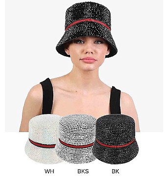 Rhinestone Paper Braided Bucket Hat With Trendy Stripe