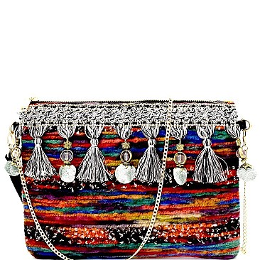 Tassel Pompom Accent Multi-Color Fur Thread Clutch MH-2610-1