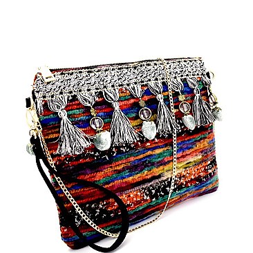 Tassel Pompom Accent Multi-Color Fur Thread Clutch MH-2610-1