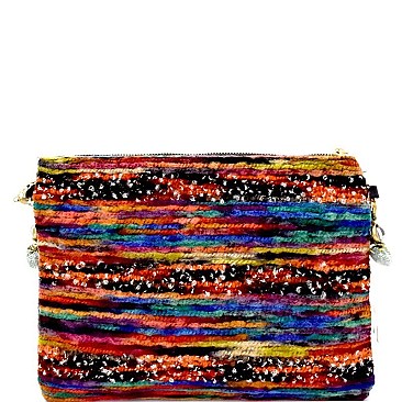 Tassel Pompom Accent Multi-Color Fur Thread Clutch MH-2610-1