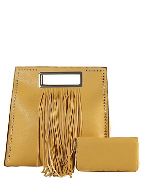 Republic Square Tote Handbag With Fringe Accent & Strap JPDB8051