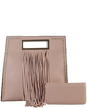 Republic Square Tote Handbag With Fringe Accent & Strap JPDB8051
