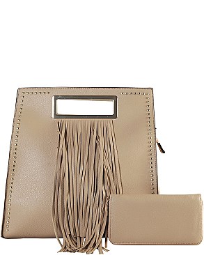 Republic Square Tote Handbag With Fringe Accent & Strap JPDB8051