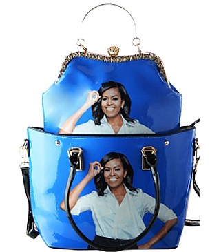 Obama Magazine Print - 2 in one Fashion Magazine Print Faux Patent Leather Handbag With Gold Embe...