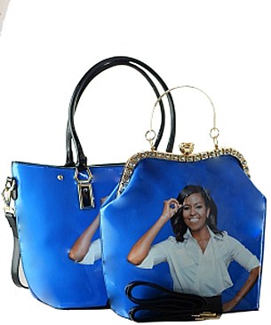 Obama Magazine Print - 2 in one Fashion Magazine Print Faux Patent Leather Handbag With Gold Embe...