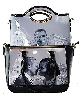 The Obamas 2 In 1 Fashion Magazine Print Patent Faux Leather Handbag With Gold Embellishments JP2...