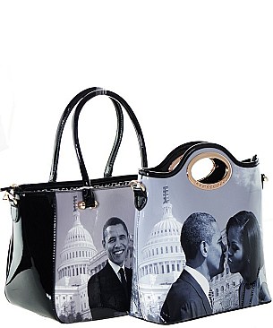 The Obamas 2 In 1 Fashion Magazine Print Patent Faux Leather Handbag With Gold Embellishments JP2...