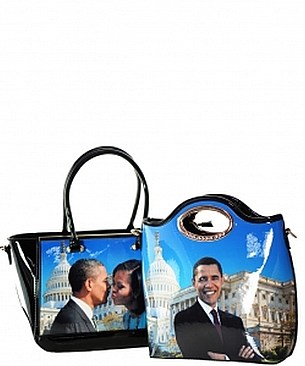 The Obamas 2 In 1 Fashion Magazine Print Patent Faux Leather Handbag With Gold Embellishments JP2...