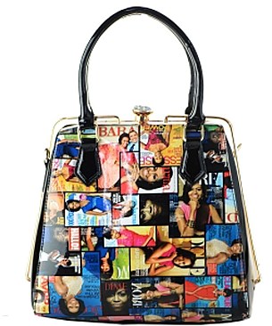 Frame Michelle Obama Fashion Magazine Print Faux Patent Leather Handbag With Gold Embellishments ...
