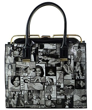 Frame Michelle Obama Fashion Magazine Print Faux Patent Leather Handbag With Gold Embellishments ...