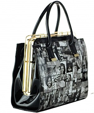 Frame Michelle Obama Fashion Magazine Print Faux Patent Leather Handbag With Gold Embellishments ...