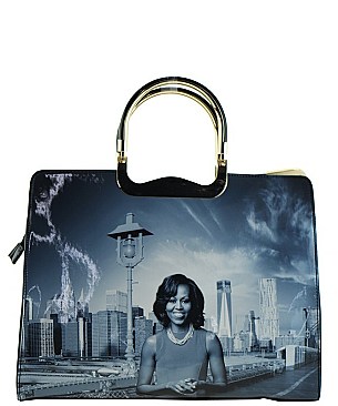 The Obamas Fashion Magazine Print Patent Faux Leather Handbag With Gold Embellishments JP28PB9203