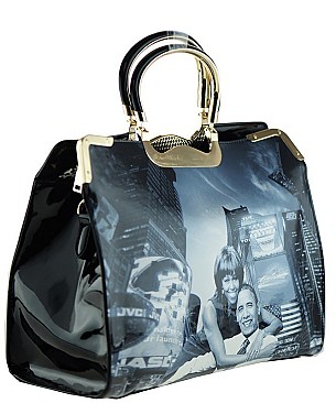 The Obamas Fashion Magazine Print Patent Faux Leather Handbag With Gold Embellishments JP28PB9203