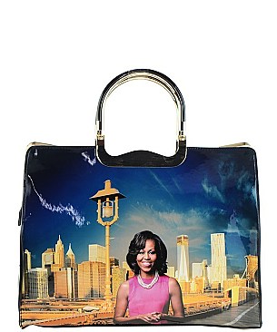 The Obamas Fashion Magazine Print Patent Faux Leather Handbag With Gold Embellishments JP28PB9203