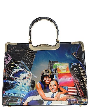 The Obamas Fashion Magazine Print Patent Faux Leather Handbag With Gold Embellishments JP28PB9203