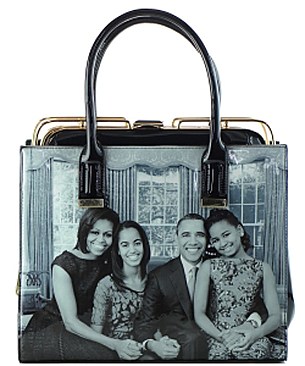 Frame Michelle Obama Fashion Magazine Print Faux Patent Leather Handbag With Gold Embellishments ...