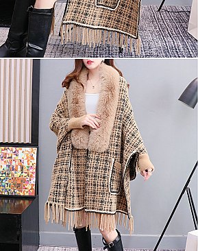 Winter Warm Checker Quality Shawl Cape With Fur