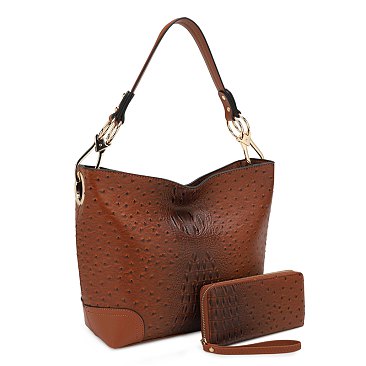 2-in-1 Ostrich Croc Bucket Bag