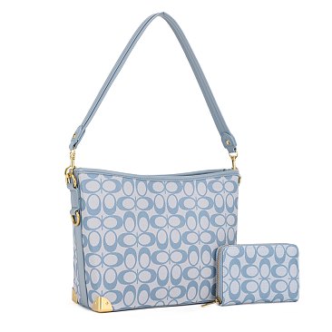 2-in-1 Side Ring Hooked Single Strap Oval Print Bucket / Hobo Bag Set