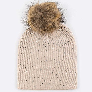 Pack of (12 Pieces) Crystal Accent Pom Fur Flat Knit Beanie LA-HT381