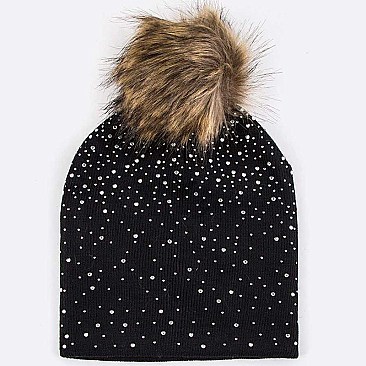 Pack of (12 Pieces) Crystal Accent Pom Fur Flat Knit Beanie LA-HT381