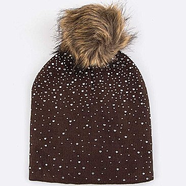 Pack of (12 Pieces) Crystal Accent Pom Fur Flat Knit Beanie LA-HT381