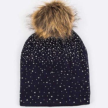 Pack of (12 Pieces) Crystal Accent Pom Fur Flat Knit Beanie LA-HT381