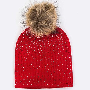 Pack of (12 Pieces) Crystal Accent Pom Fur Flat Knit Beanie LA-HT381