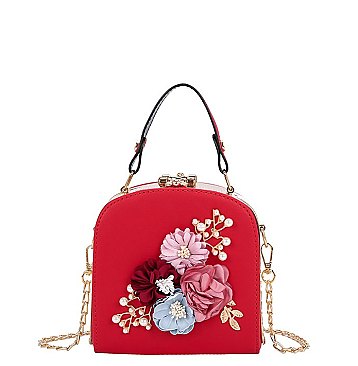 3D Flower & Pearl Design Metal Frame Satchel